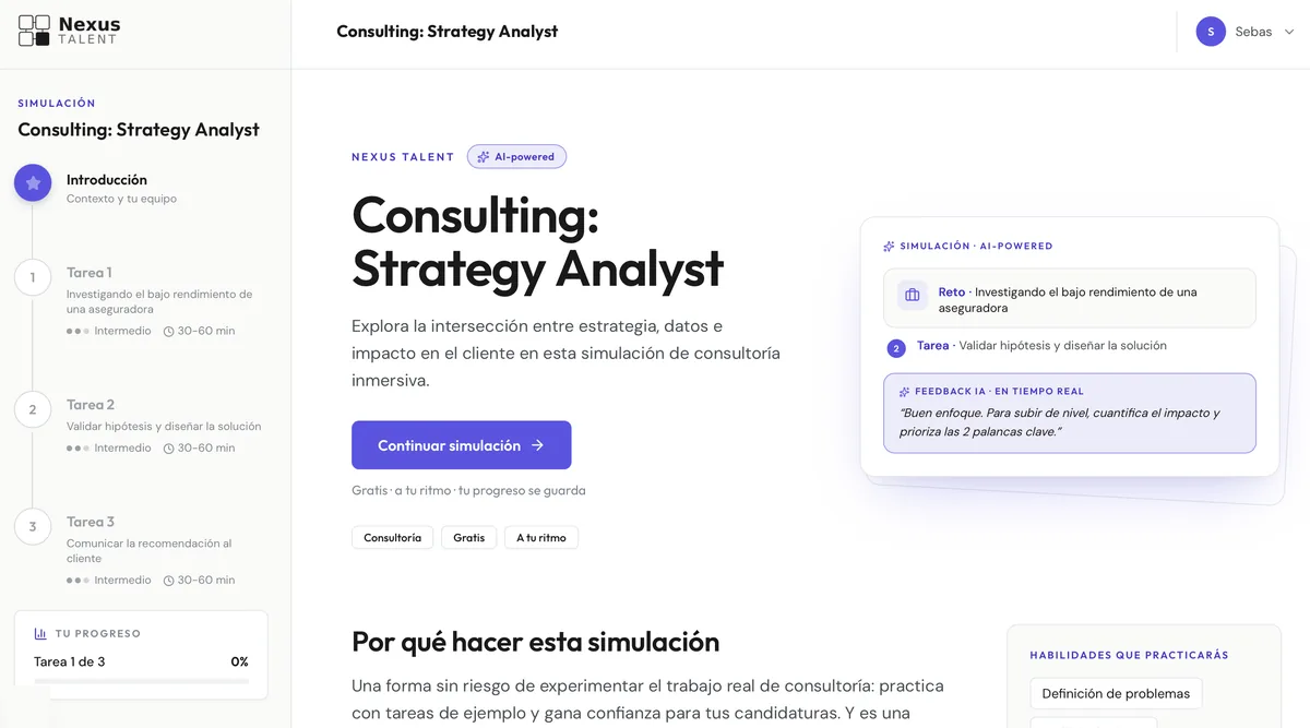 Simulación Consulting: Strategy Analyst en la plataforma de Nexus Talent